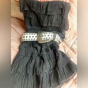 80’s Vintage strapless Black layered Dress with White Studded Belt